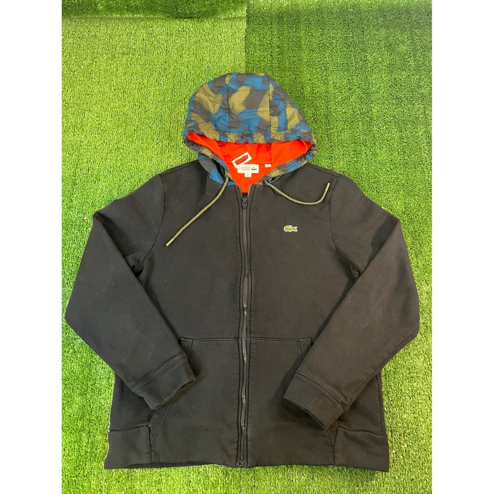 Lacoste Sport Mens Black Camo Hood Full Zip Fleece Hoodie Sweatshirt Size L